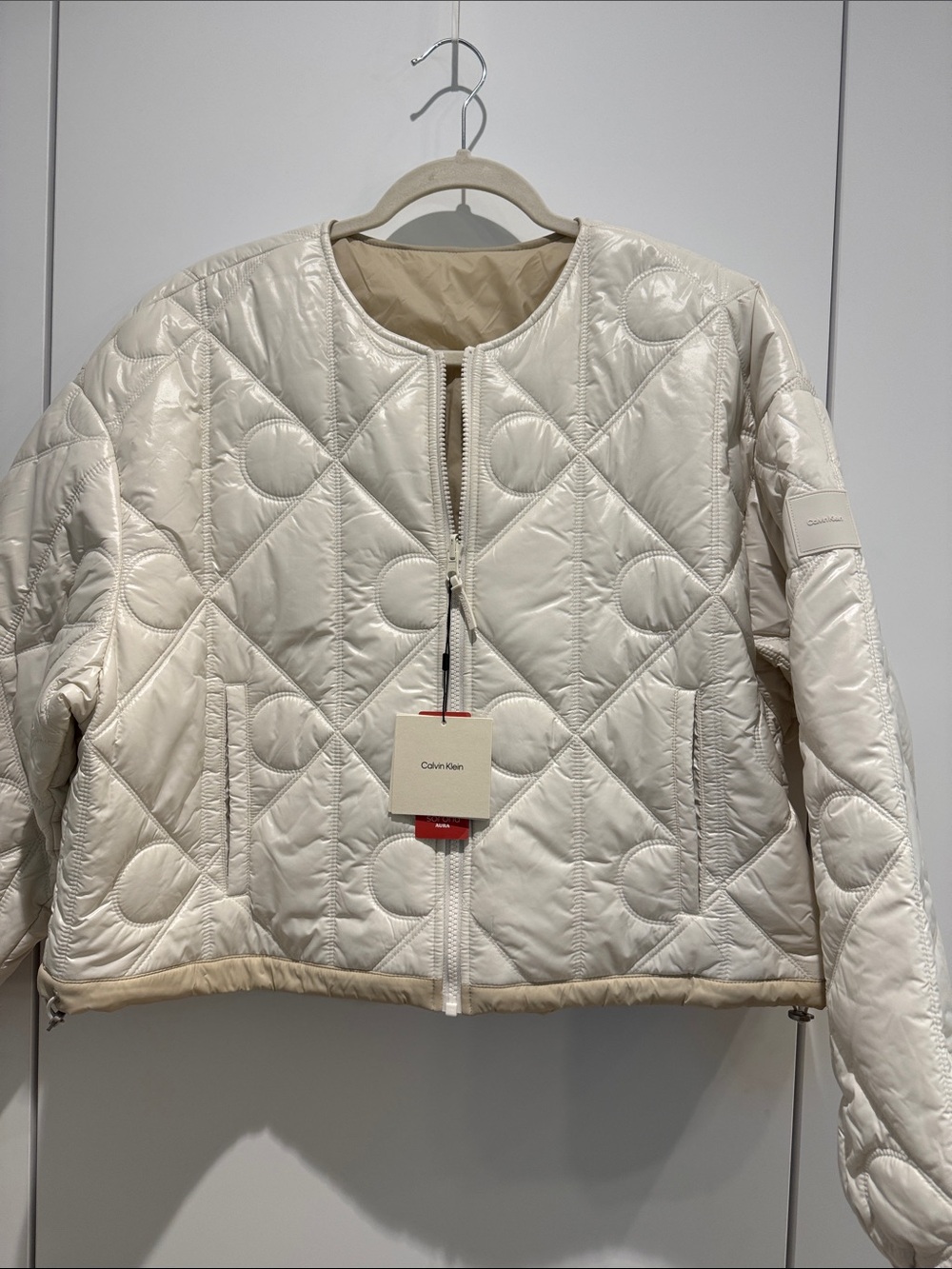 Calvin Klein Reversible Quilted Cream Lightweight Bomber Jacket Large NEW
